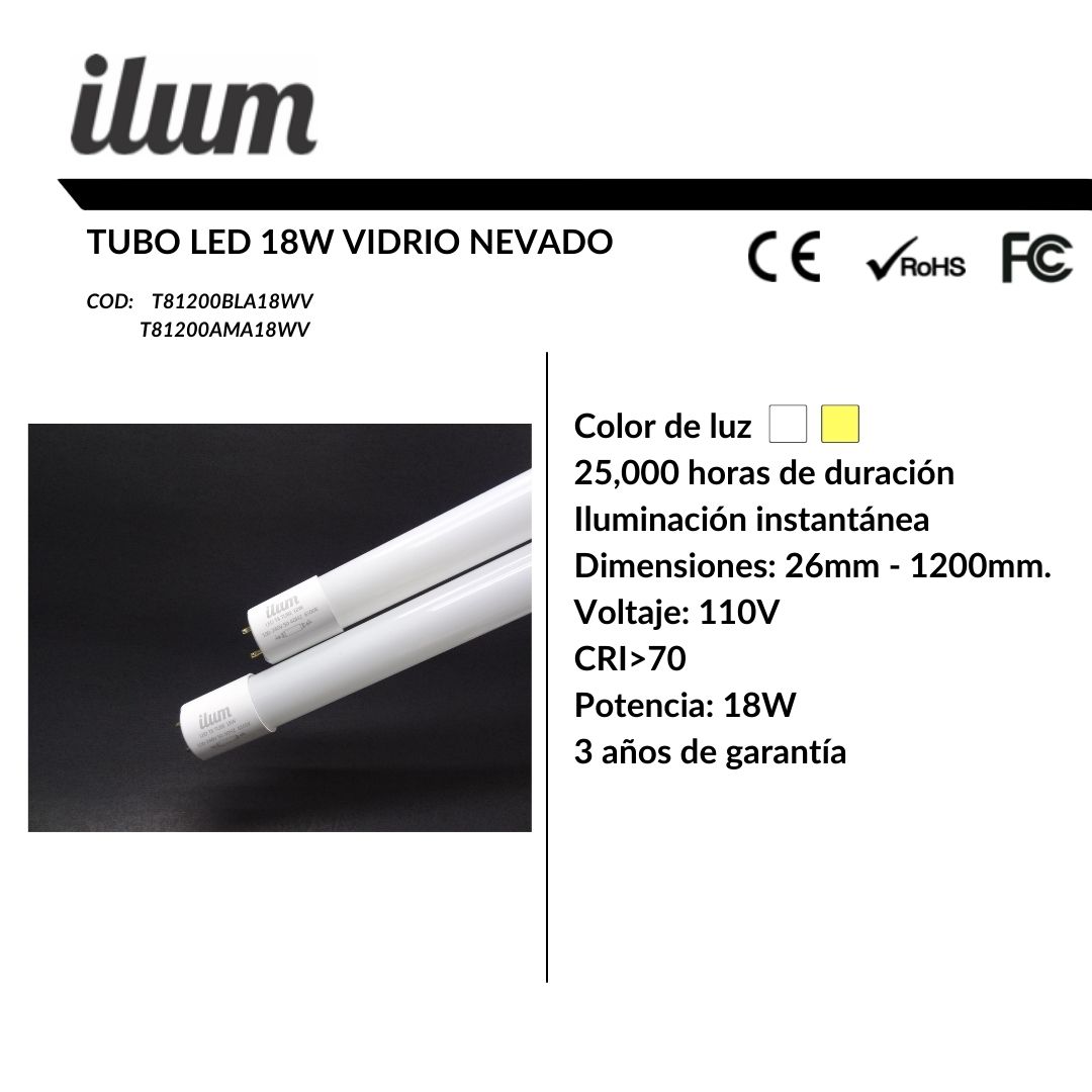 Tubo led 18W 1.20 vidrio
