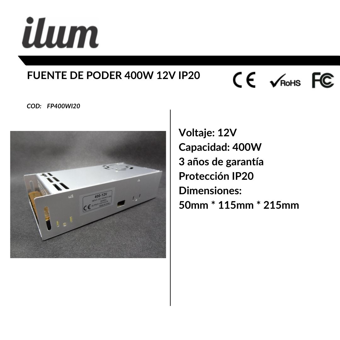 Fuente de poder 400W 12V IP20