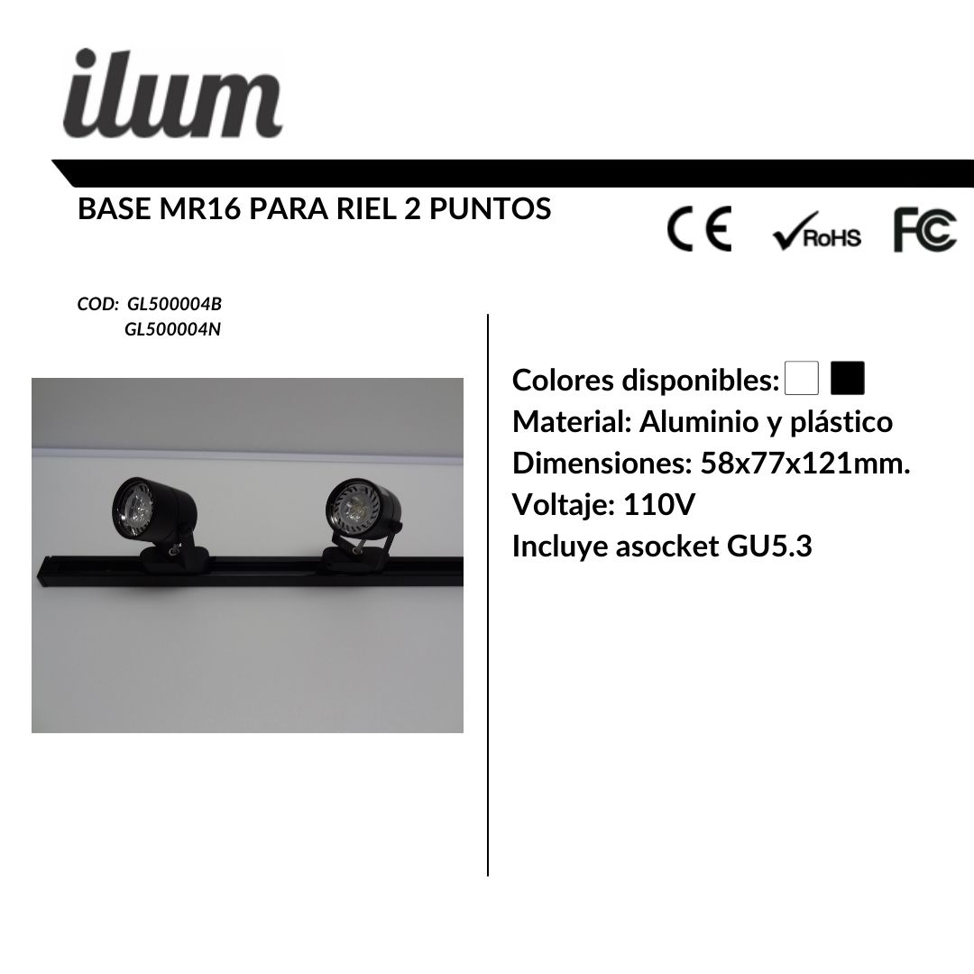 Base MR16 para riel 2 puntos